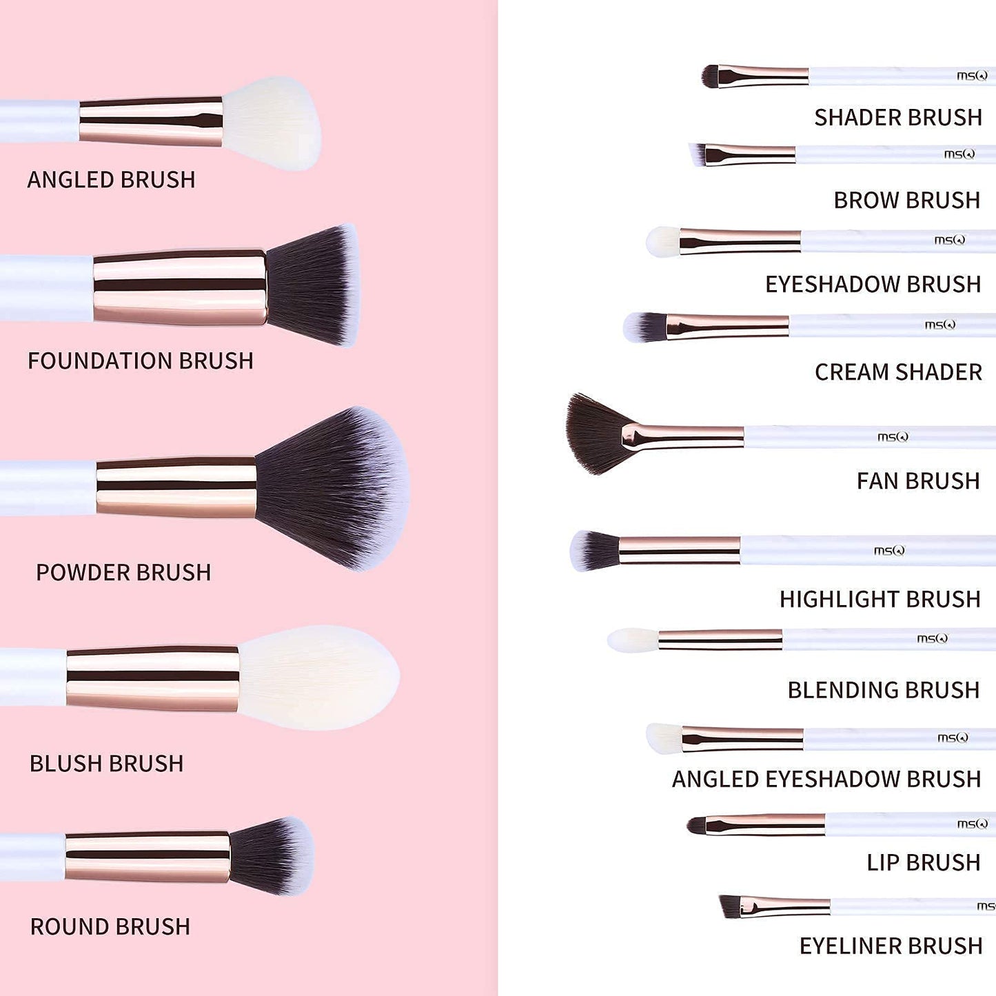 MSQ 15 Pcs White Brush set and 12pcs Rose Gold Eye Makeup Brushes Set, Premium Synthetic Foundation Brush Blending Eyeshadow Eyebrow, Face Powder Blush Concealers Eyeshadow Brush Make up Brushes Set