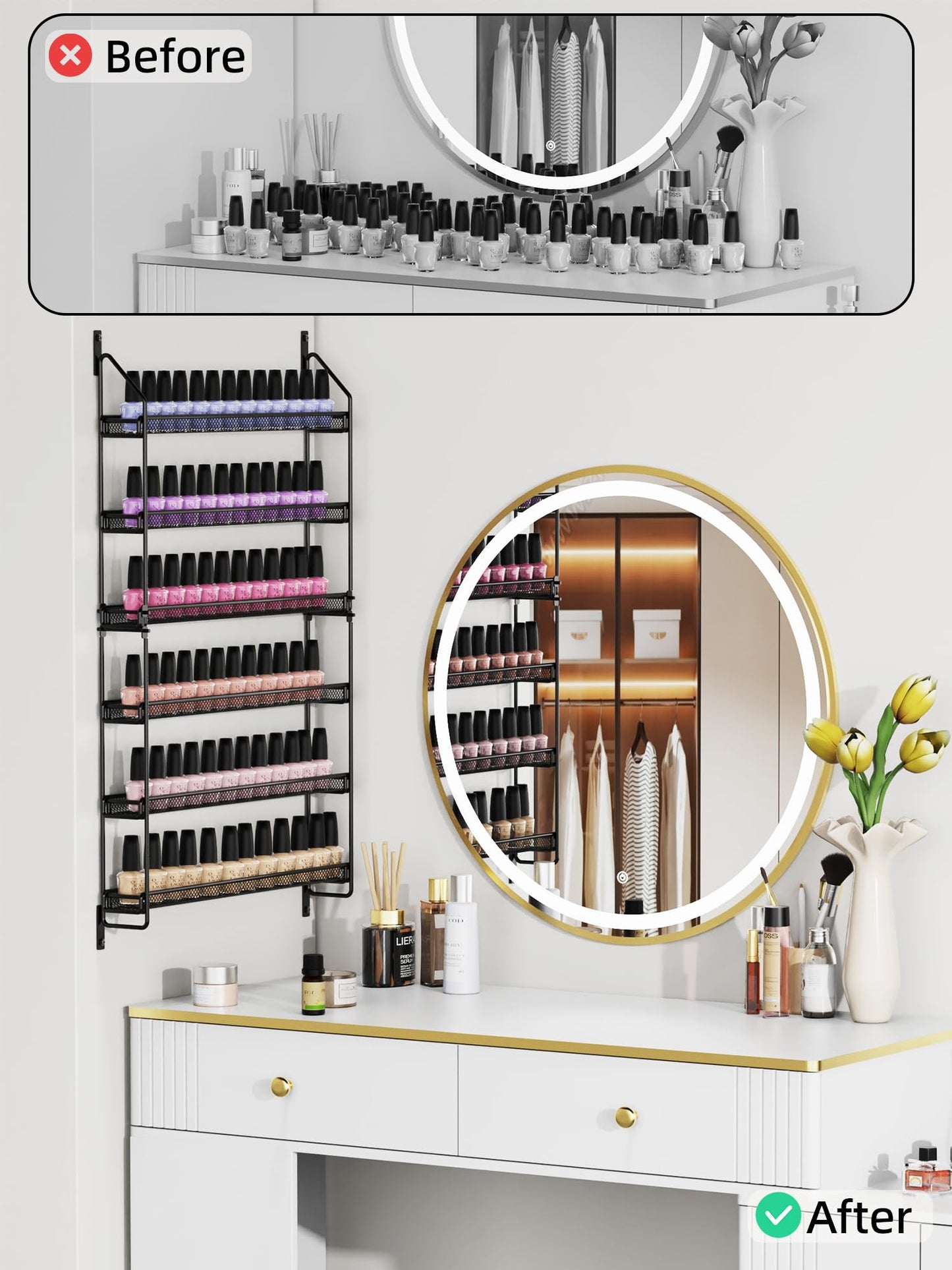 GIGIFTREE Nail Polish Organizer Wall Mounted, 6 Tier Metal Storage Rack Holds 90 Bottles, Multifunctional Organizer for Essential Oils Paint Perfume, Black