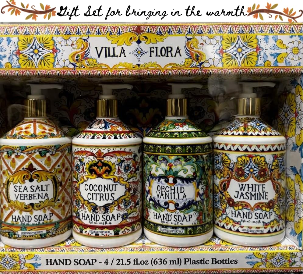 Villa Flora Hand Soap Set - Assorted Scents (Sea Salt Verbena, Coconut Citrus) - 16 fl oz Bottles, Pack of 4