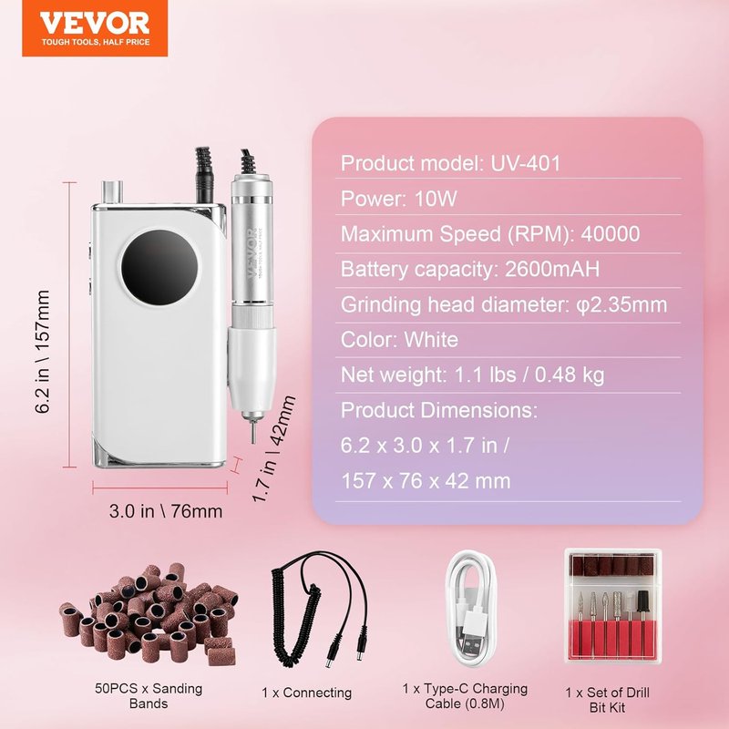 VEVOR Electric Nail Drill - 40,000RPM Rechargeable E-File Machine with LCD Display | 6 Bits & 50 Sanding Bands for Manicure & Pedicure