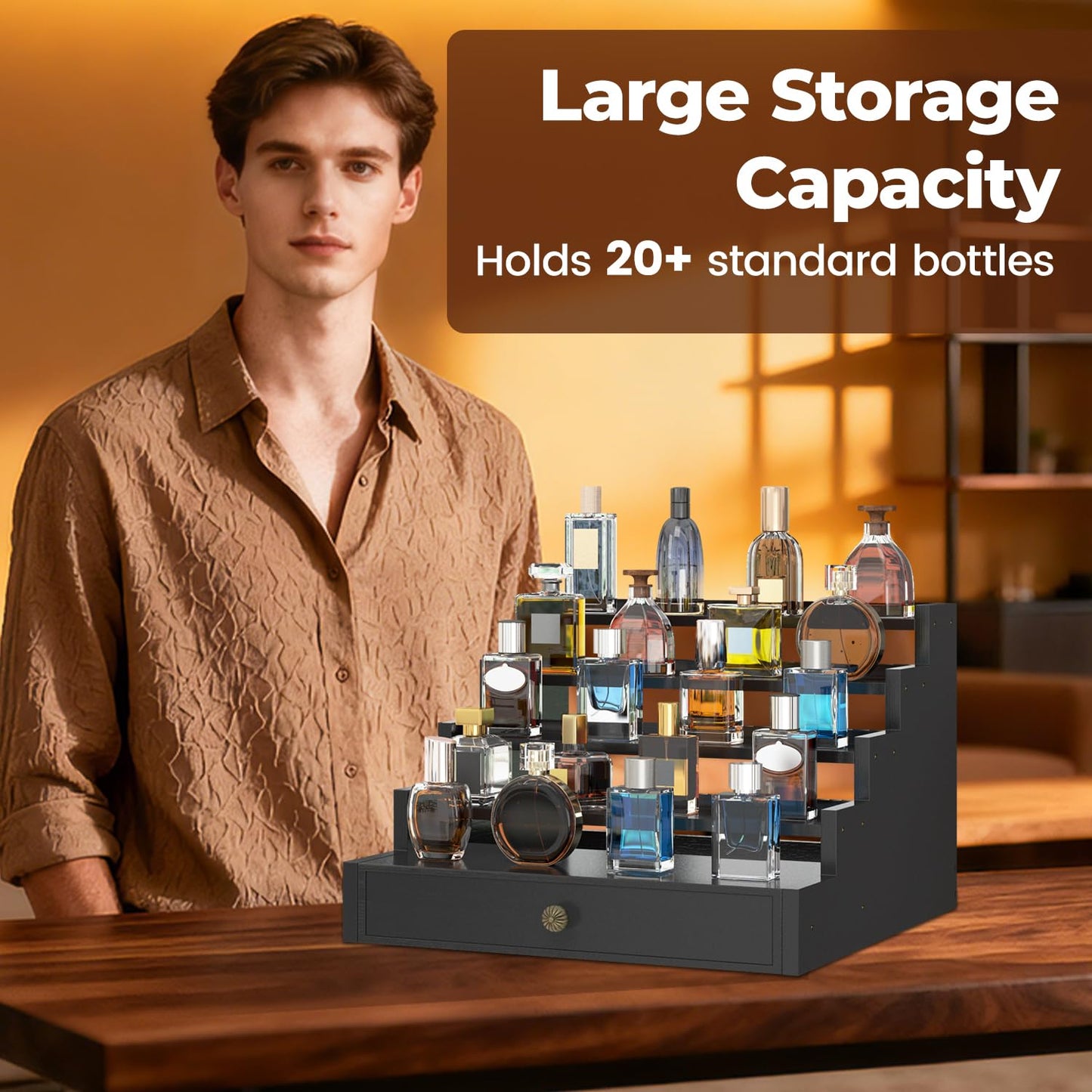 EsLuker.ly Perfume Organizer Cologne Holder Stand for Men, Wooden Cologne Display Shelf for Bedroom Dresser Countertop, 5 Tier Large Capacity Storage Rack with Drawer, Keep Fragrance Neat & Accessible