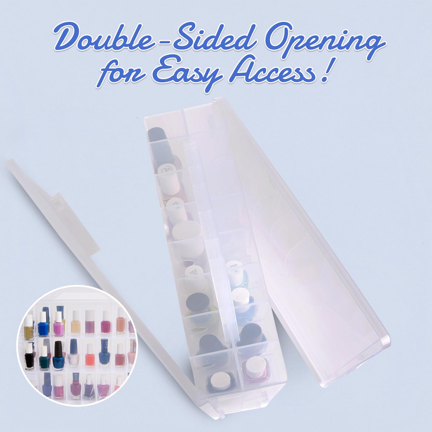 AISLE 3 ESSENTIALS Nail Polish Organizer for 48 Bottles, Clear Double Sided Nail Polish Storage Case with Adjustable Dividers, Portable Nail Supplies Organizer with Handle