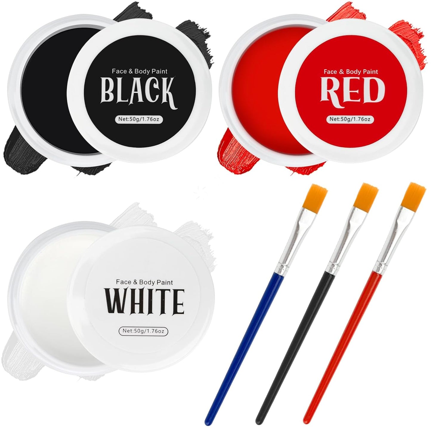 Black & White & Red Face Body Paint Set - Non-Toxic Professional Palette Kit with 3 Brushes for Art, Theater, Halloween, Cosplay | 5.28oz