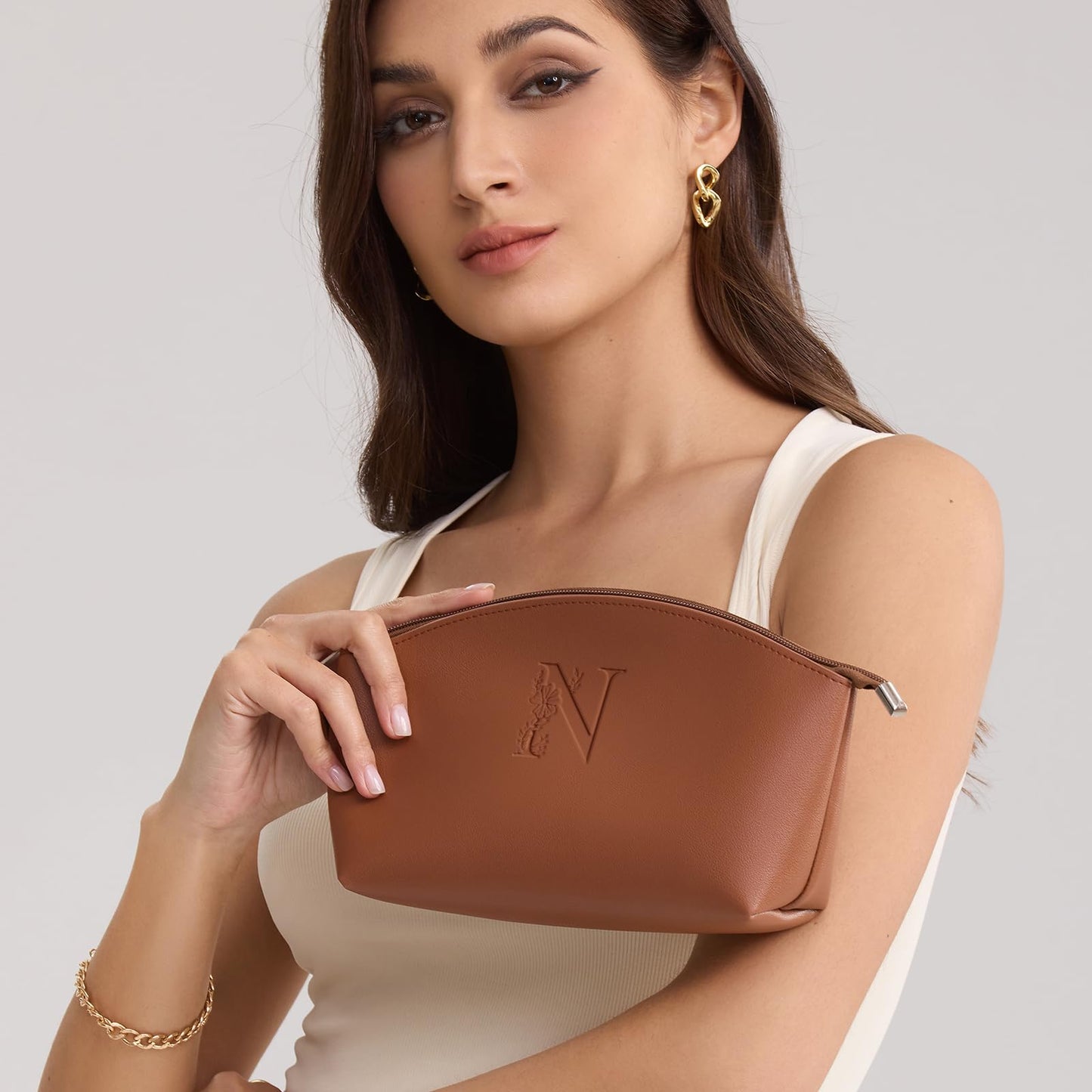 AW BRIDAL Makeup Bags for Women Travel Toiletry Bag with Luggage Tag, Makeup Pouch Cosmetic Pouch Skincare Bag Mother's Day Gift Wedding Gifts Birthday Gifts for Women, Letter N, brown