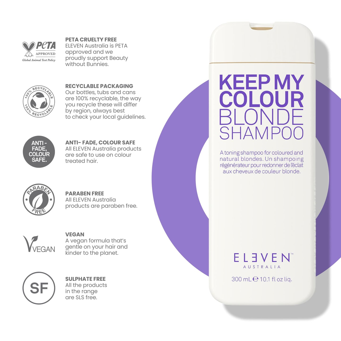 ELEVEN AUSTRALIA Keep My Colour Blonde Shampoo for Women & Men - Purple Toning Shampoo for Blonde or Color Treated Hair, Blue Base w/ Ext Violet 2, Sulfate Free, Tames Brassiness - 10.1 fl oz