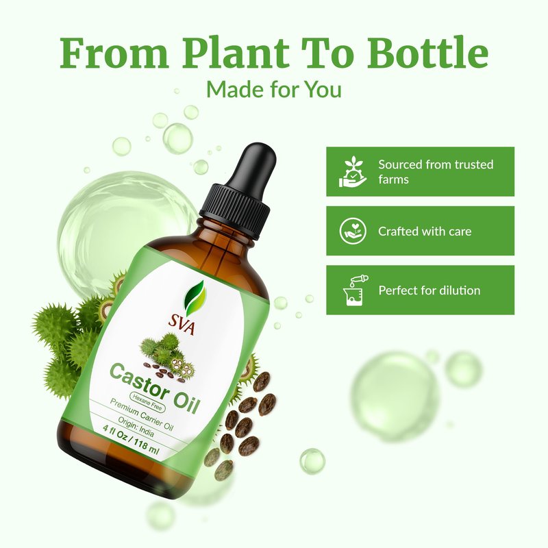 SVA Castor Seed Oil - 4 Fl Oz – 100% Natural Cold Pressed Castor Oil - for Face, Skin Care, Hair Care, Scalp Massage & Body Massage – Carrier Oil with Dropper