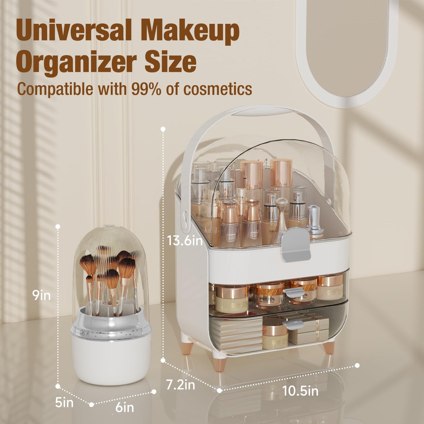 CLBDRESS Makeup Organizer Countertop & 360° Rotating Makeup Brush Holder, Skincare Holder with Lid and Drawers, Storage Box Cosmetic Display Cases, Teen Girl Gifts, Vanity, Bathroom Counter, Silver