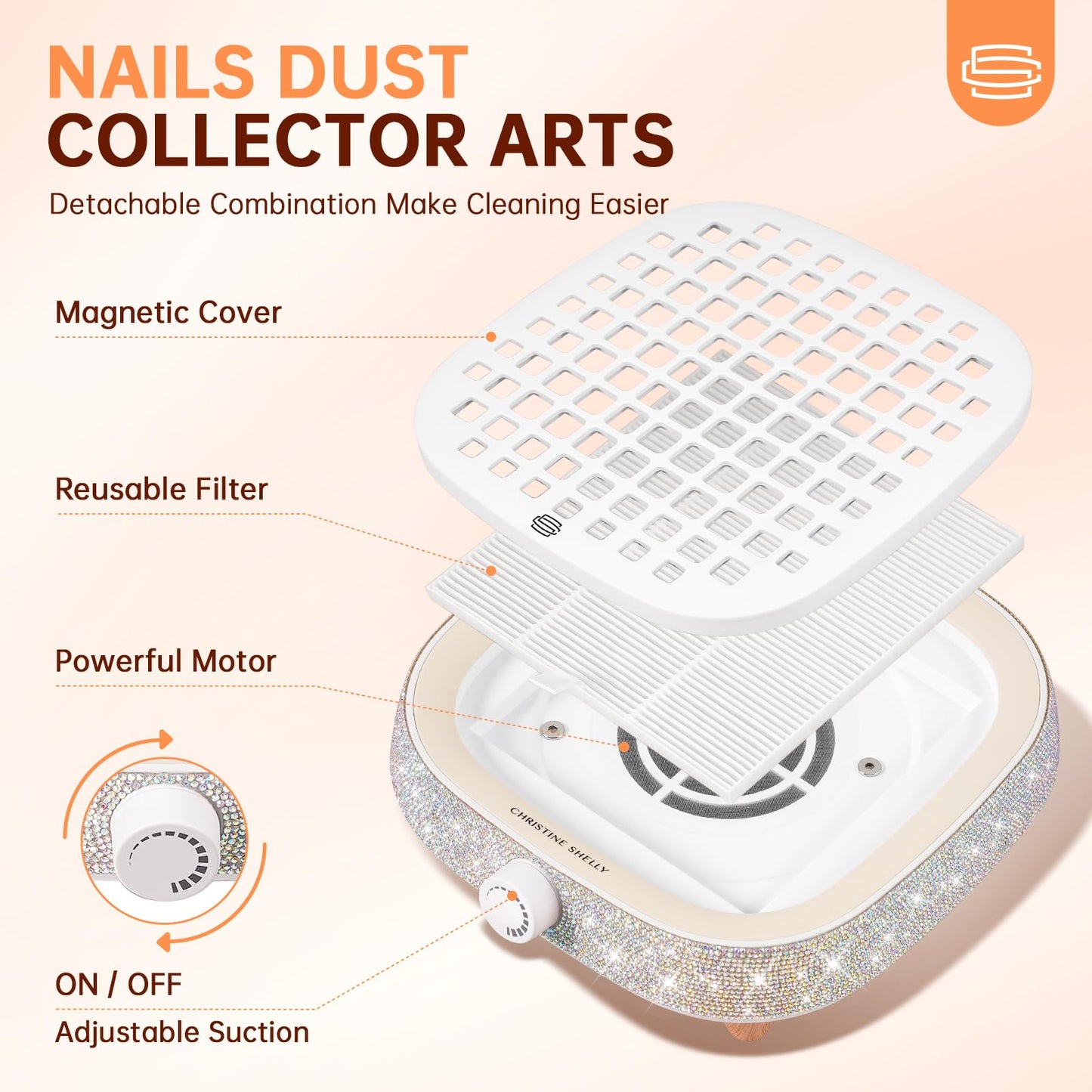 CHRISTINE SHELLY Nail Dust Collector, Mini Bling Crystal Diamond Compact 6000RPM Powerful Vacuum Fan Vent Dust Collector Extractor Dust Suction Machine for Acrylic Nails Polishing, Fast Charging