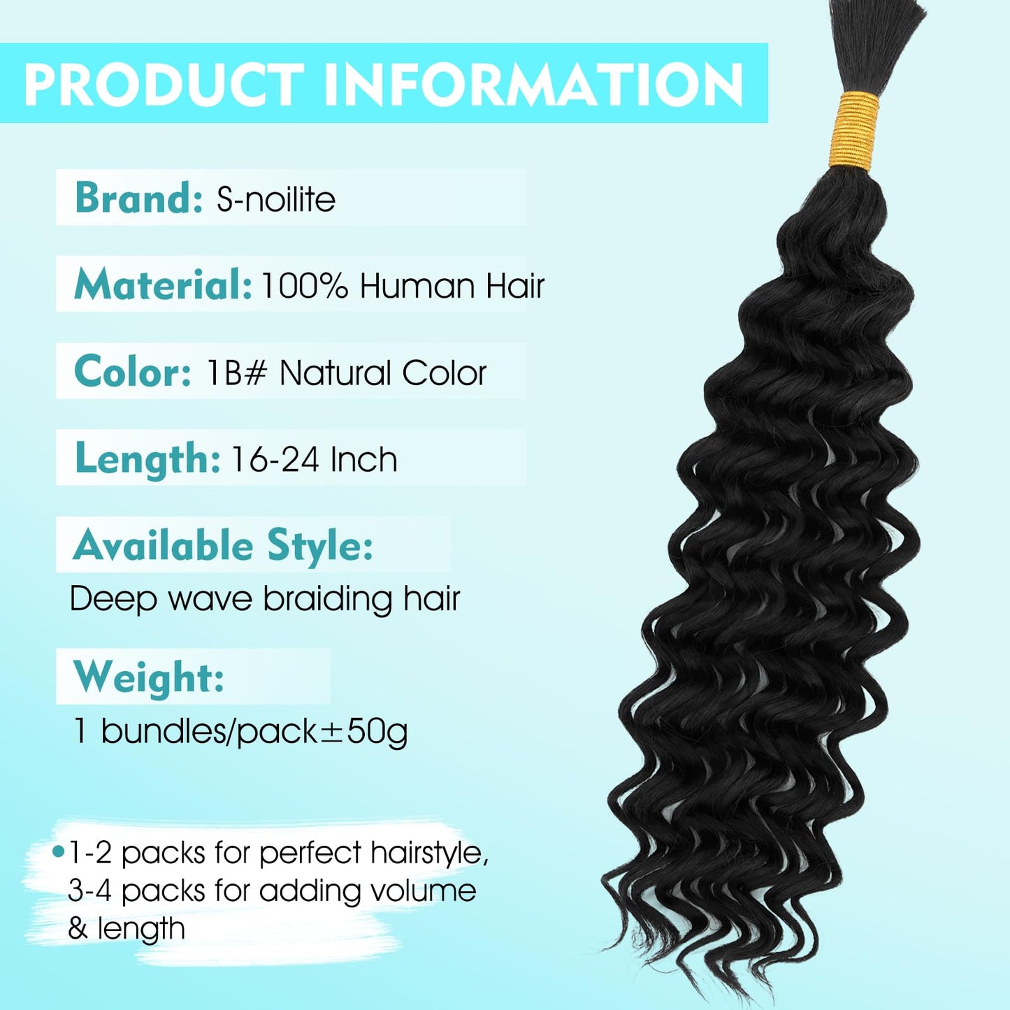 S-noilite Human Braiding Hair for Boho Braids 100% Unprocessed Brazilian Virgin Bulk Hair 1 Bundles/Pack 50g 24 Inch Deep Wave Bundles Human Hair for Bohemian Knotless Braids No Weft #1B