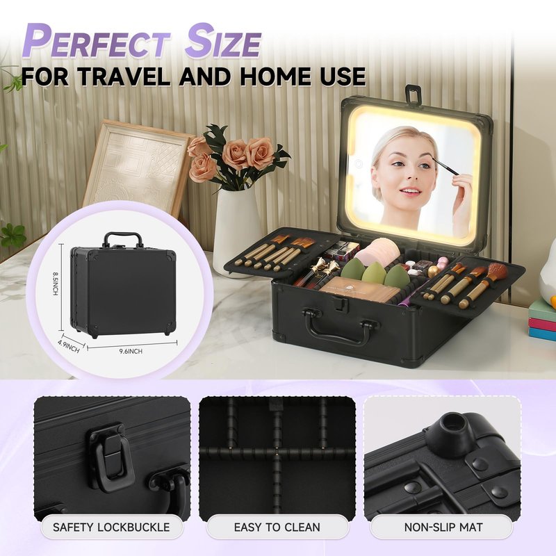 Leeora&Leekoo Makeup Box with Lighted Mirror,Portable Makeup Train Case Organizer (Pink)