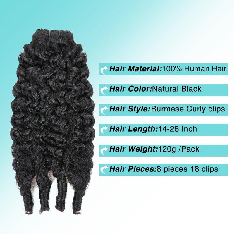 Burmese Curly Clip In Hair Extensions Real Human Hair 8pcs 120g/Set Spirally Curly Classic Clips Ins Full Head For Black Women 16 Inch Natural Black