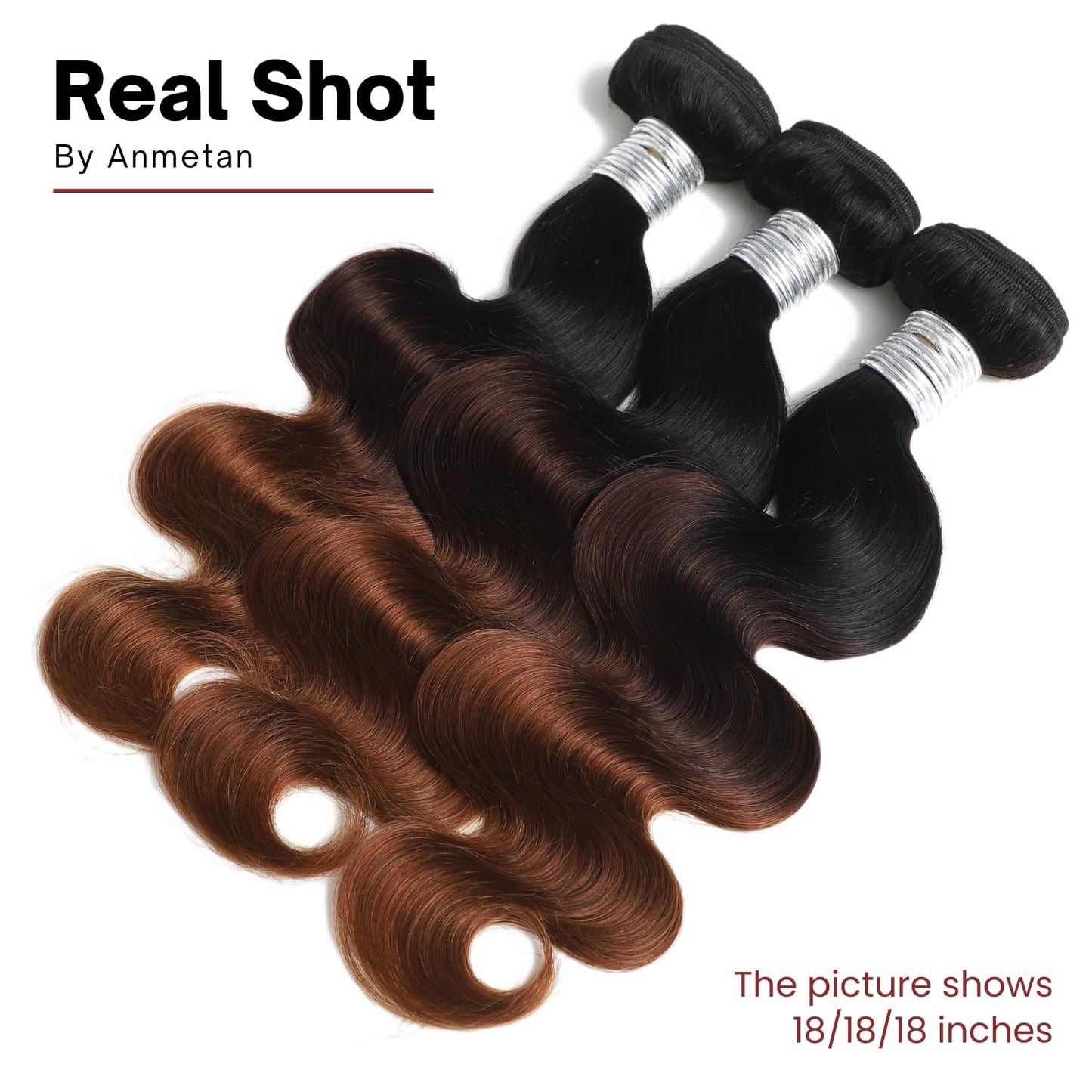ANMETAN Dark Brown Ombre Body Wave Bundles Human Hair, Thick 12A Chestnut Brown T1B/2/30 3 Tone Ombre Color Human Hair Single Bundle with Dark Root 100% Remy Hair Bundle Keep Soft after Washes 16 Inch