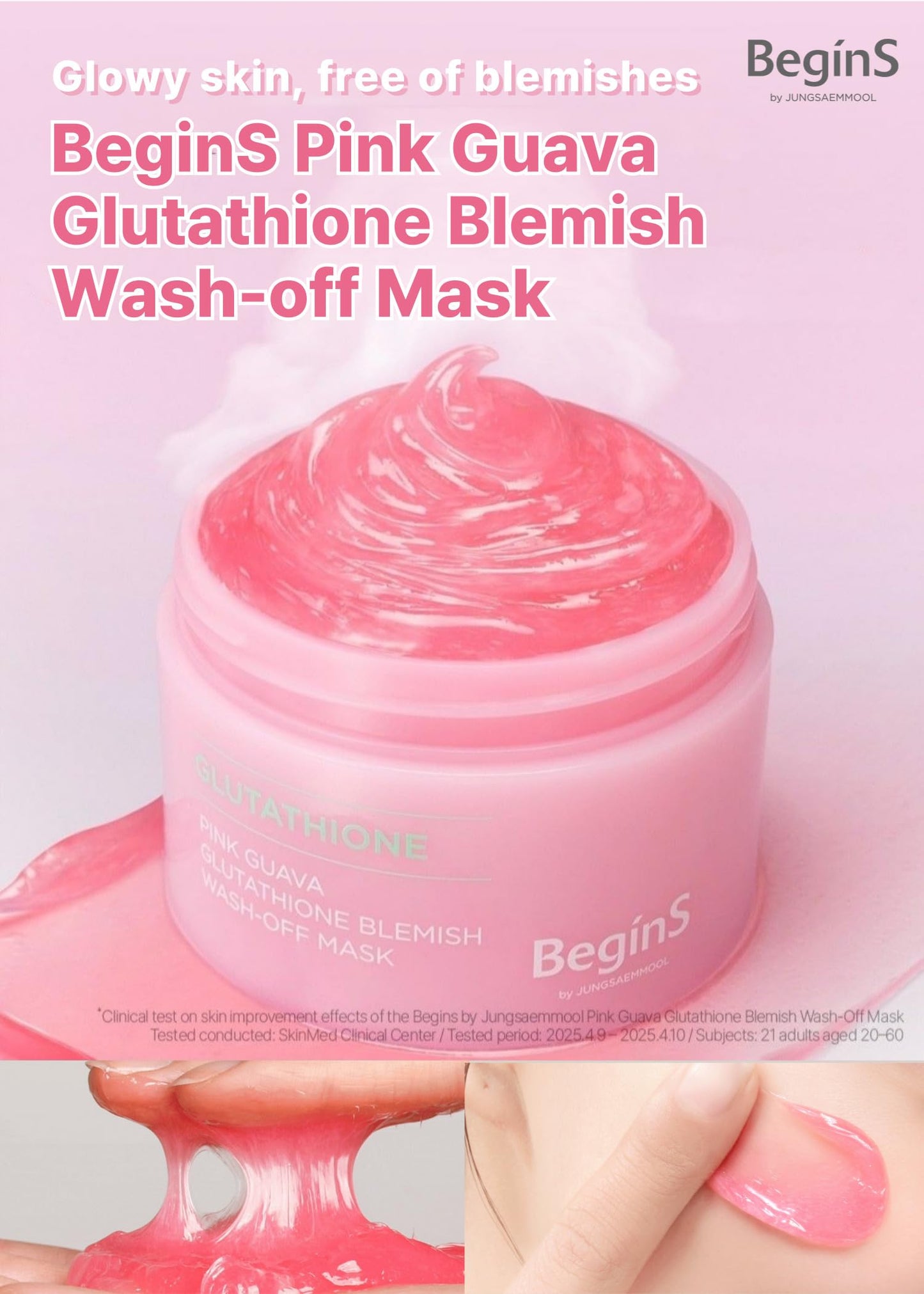 BeginS by JUNGSAEMMOOL Pink Guava Glutathione Wash-Off Mask 3.17 Fl Oz, Jelly Texture Face Mask with Vitamin C and Niacinamide for Skin Hydration, Blemish Care, and Radiant Glow, Korean Skincare