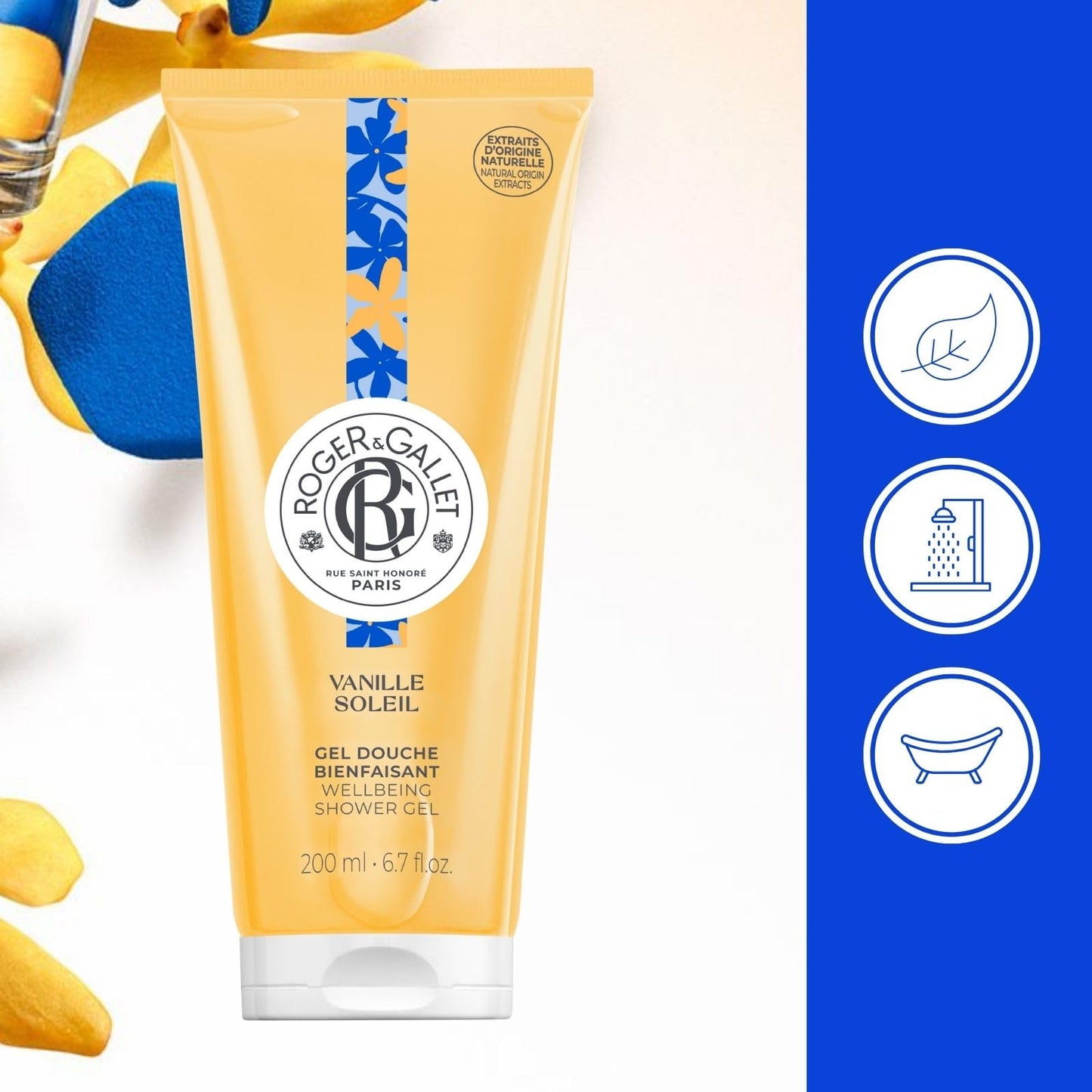 ROGER & GALLET Wellbeing Shower Gel – Plant-Based Hydrating Body Wash with Aloe Vera, Gentle Foaming Cleanser for Soft Skin (VANILLE SOL - Vanilla | 6.7 Oz)