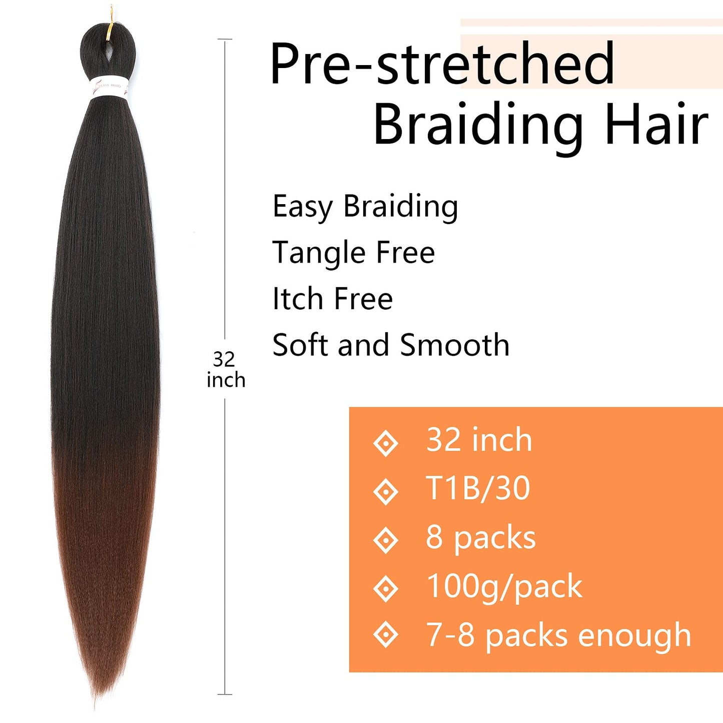Callia 32 Inch Pre Stretched Braiding Hair Extension 8 Packs Soft Yaki Texture Braiding Hair Pre Stretched Hot Water Setting Synthetic Hair Extension For Twist Braidings (32Inch-8PACK, 1B/30)