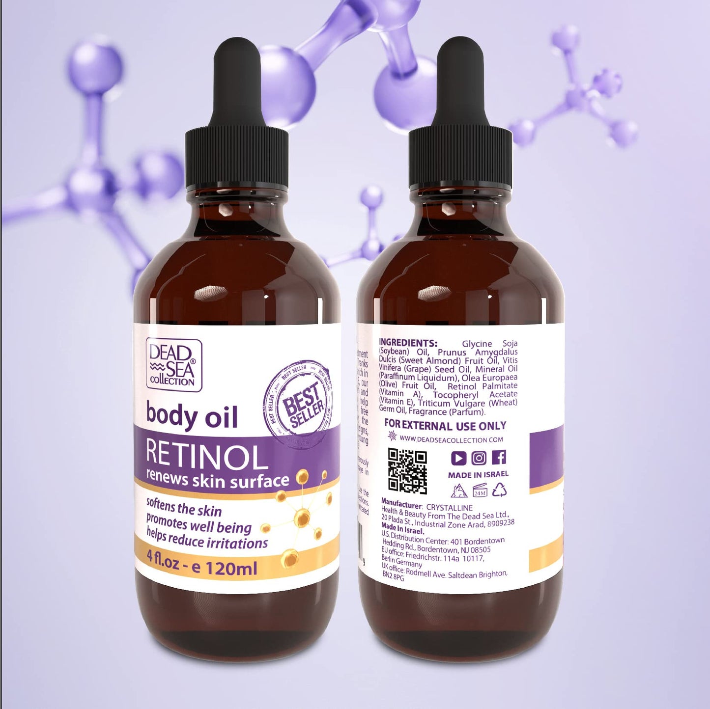 Dead Sea Collection Body Oil for Dry Skin - Retinol & Vitamin E, A Moisturizing Oil for Face, Anti-Aging - Skin Elasticity Support, Renews Skin Surface & Softens Pack of 2 (4 Fl. Oz Each)