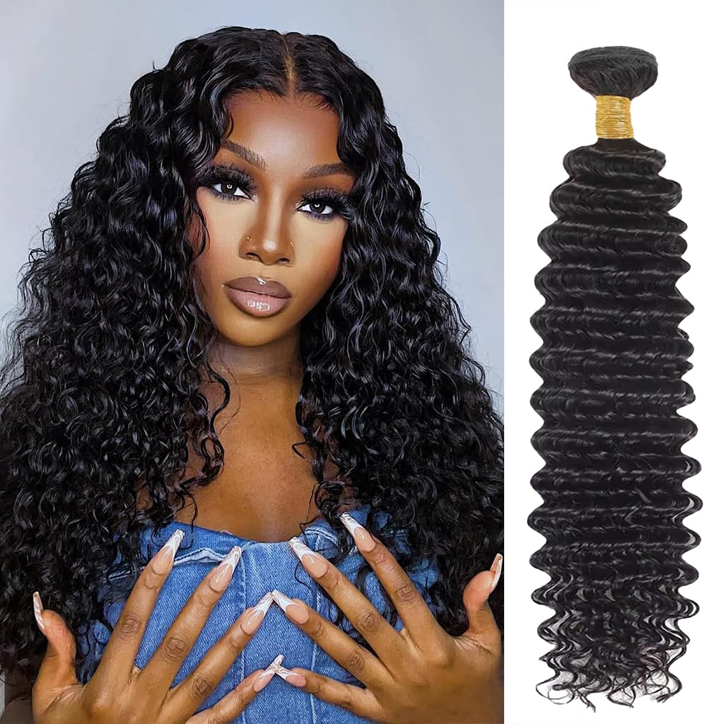 Deep Wave Human Hair Bundles 14 Inch Deep Wave Bundles 100% Unprocessed Brazilian Virgin Hair 1 Bundle Curly Bundles Hair Extensions Real Human Hair Wavy Quick Weave Bundle Natural Black
