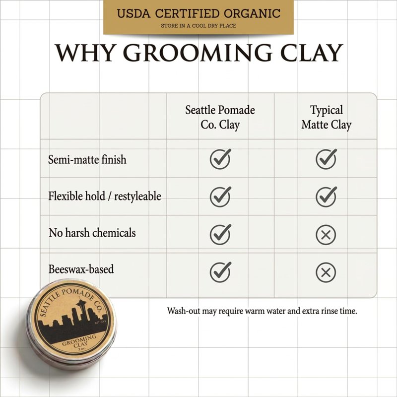 Seattle Pomade Co. Grooming Clay for Hair - USDA Certified, With Organic Essential Oils, Beeswax Based. Made with organic materials from around the world.