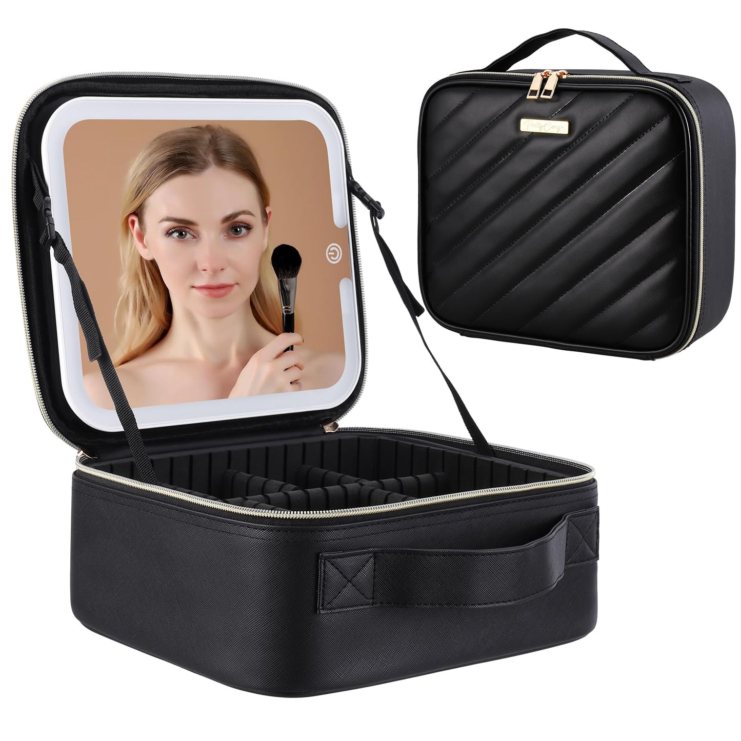 Pretty Comy Travel Makeup Bag with Led Mirror, Portable Makeup Train Case Led Makeup Bag with Mirror Makeup Organizer Bag Travel Organizer Bag Makeup Case Ideal Gifts for Mother Women Girls, Black