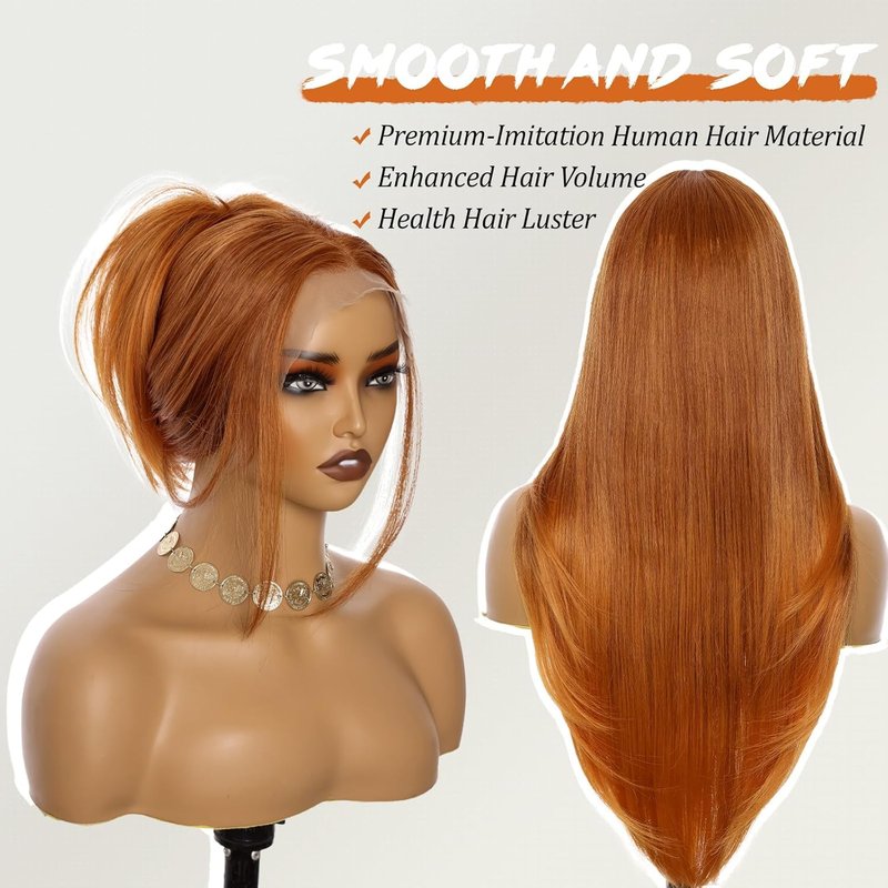 Worldnewhair Ginger Orange Lace Front Wig 26 Inch - 13x4 HD Lace Layered Wigs for Women, Wear and Go Glueless Wigs Pre Plucked Pre Cut Long Straight Syntheic Fiber Pre-styling Hair for Daily