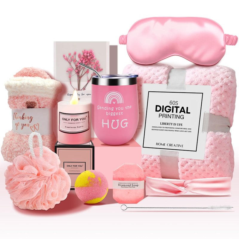 Birthday Gifts for Women - Self Care Gifts, Get Well Soon Gifts for Women, Unique Relaxing Spa Gifts Basket with Flannel Blanket, Tumbler, Socks, Soap & Candle, for Grandma Sister Mom, Wife, Her