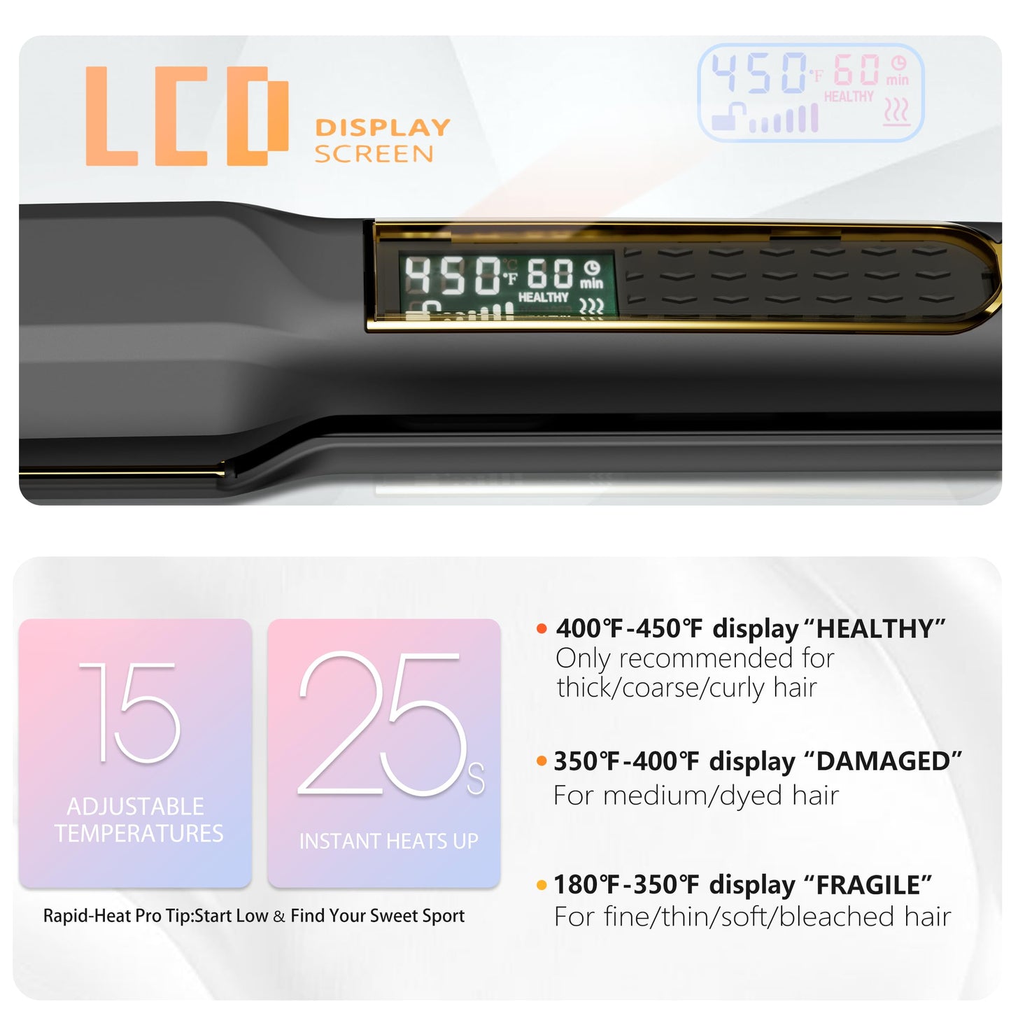 Thirtek Professional Hair Straightener,1.5 inch Ceramic & Titanium Flat Iron,15 Adjustable Temperature Levels,LCD Display, 25s Quick Heat Up,Styling Tools for Thick Hair,Dual Voltage,Black&Gold