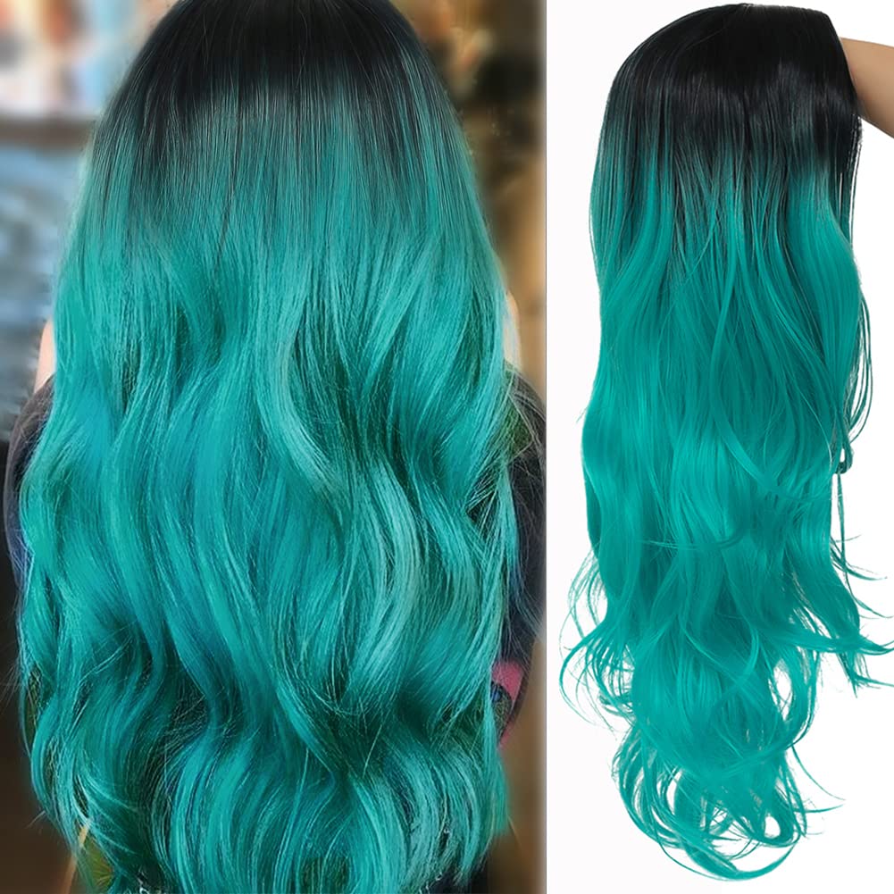 Swiking Curly Ombre Bluish Green Wigs for Women Long Wavy Natural Middle Part Dark Roots Blue Wave Hair Wigs Synthetic Wig for Party Cospaly Halloween