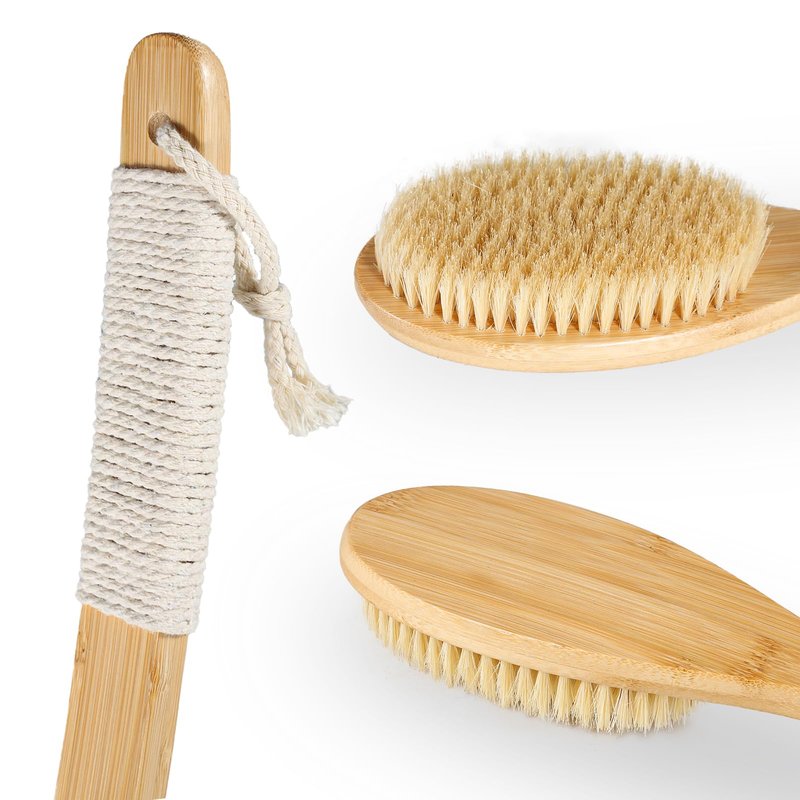 Bath Body Brush Shower, 22" Super Long Curved Bamboo Handle Antiskid Back Body Scrubber Wet/Dry Brushing, Moderately Soft Natural Bristle Body Brush for Showering