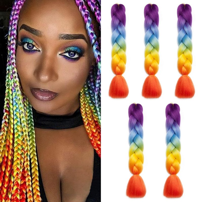 Ombre Jumbo Braid Hair Extensions - 24 Inch Rainbow Box Braids | High-Temperature Synthetic Fiber, 4 Tones Purple, Blue, Yellow, Orange, 5 Bundles