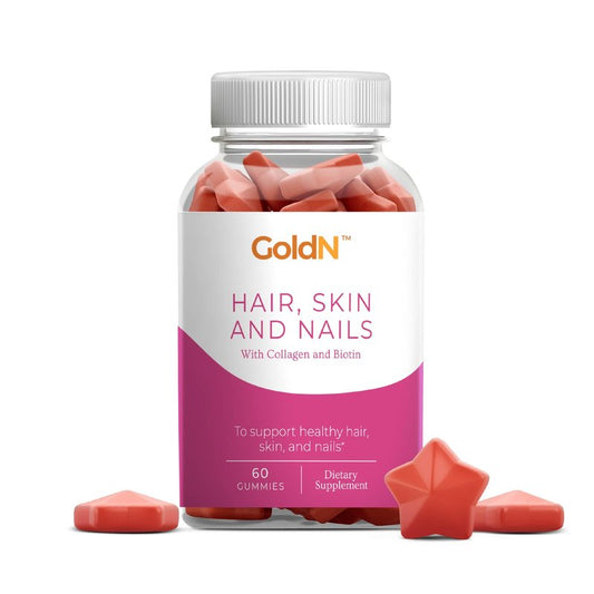 GoldN™ Hair, Skin & Nails Premium Gummies with Collagen | 2,500 mcg Biotin, Fish Collagen, Vitamins A, C, D, E & Zinc | Non-GMO, Allergen-Free | Raspberry Flavor | 60 Gummies (30-Day Supply)