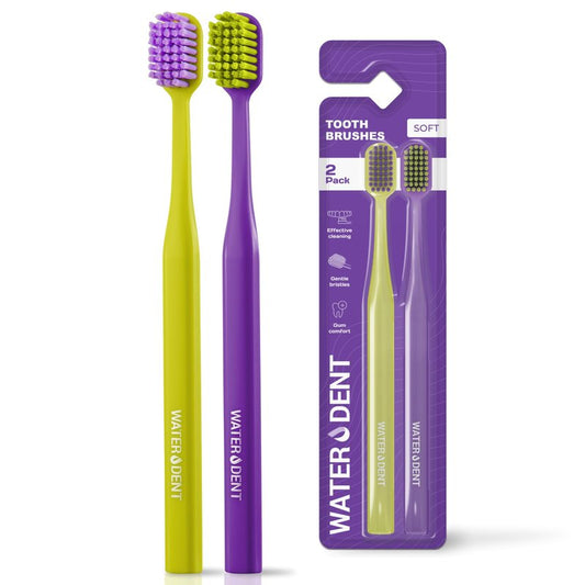 WATER DENT Medium Soft Toothbrush for Adults | Ultra-Dense Rounded Bristles | Gentle on Gums | Deep Plaque Removal | Whiter Smile | Suitable for Braces | 2 Pack Multicolor