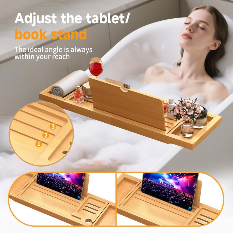 Premium Bamboo Bathtub Caddy Tray with Extending Sides, Adjustable Wood Bath Tray for Luxury Bath, Fits Most Tubs, Accessories Gift Idea