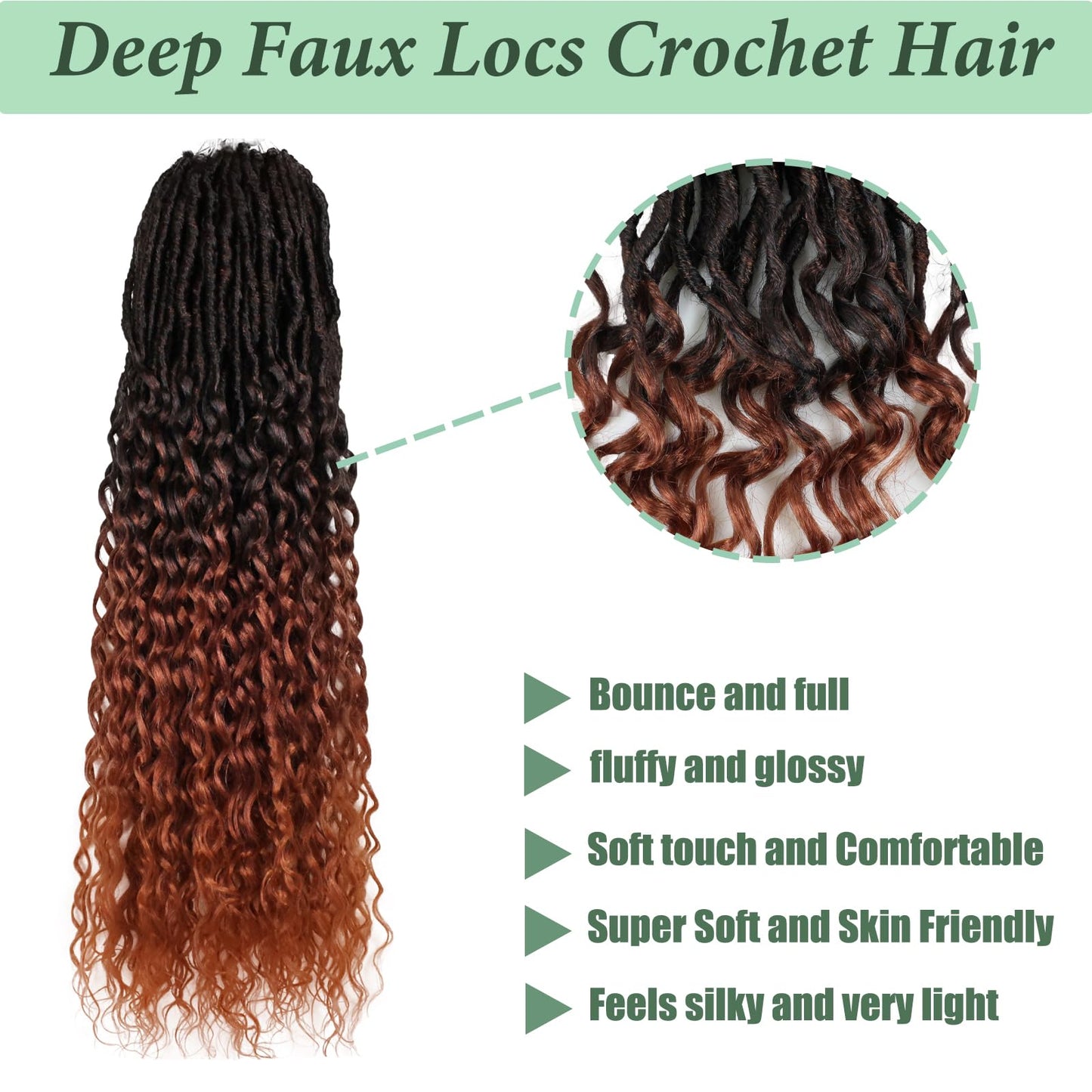 Deep Faux Locs Crochet Hair 30 Inch 8 Packs Goddess Locs Crochet Hair T350 Soft Loc Faux Loc Crochet Braids with Curly Ends Prelooped Deep Wave Croceht Braids for Black Women(Black mixed Ginger)