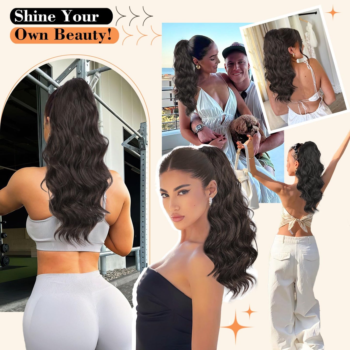Stamped Glorious Black Ponytail Extension-22 Inch Long Body Wave Pony Tail Hair Extension,Drawstring Ponytail for Women,Synthetic Hair Extension Ponytail(Color:Black)