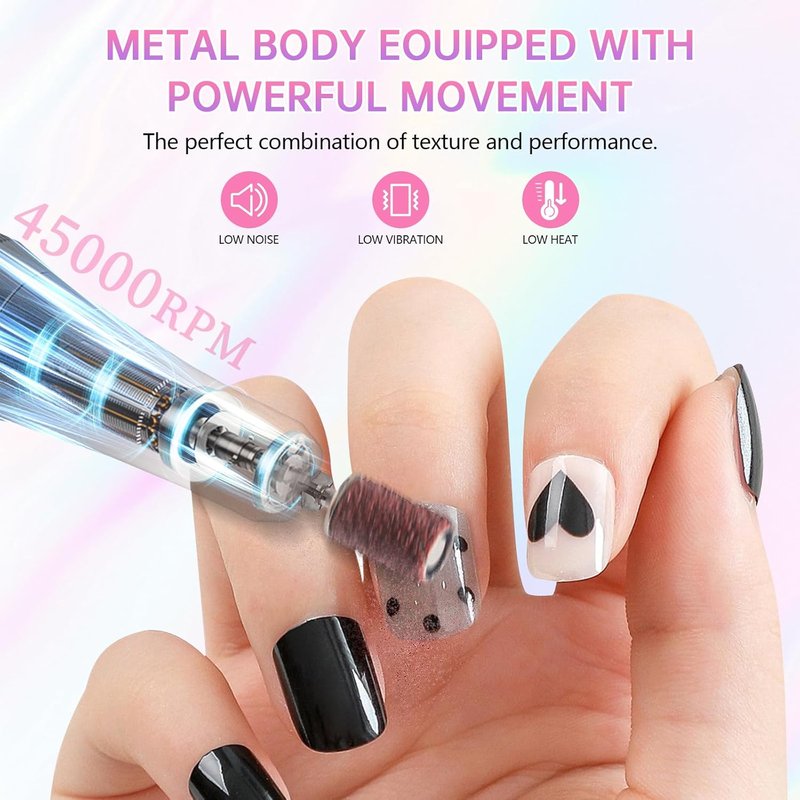 Electric Nail Drill - 45000RPM Portable Rechargeable E-File Kit | Ultra-Silent with 11 Bits & LED Screen (Pink)