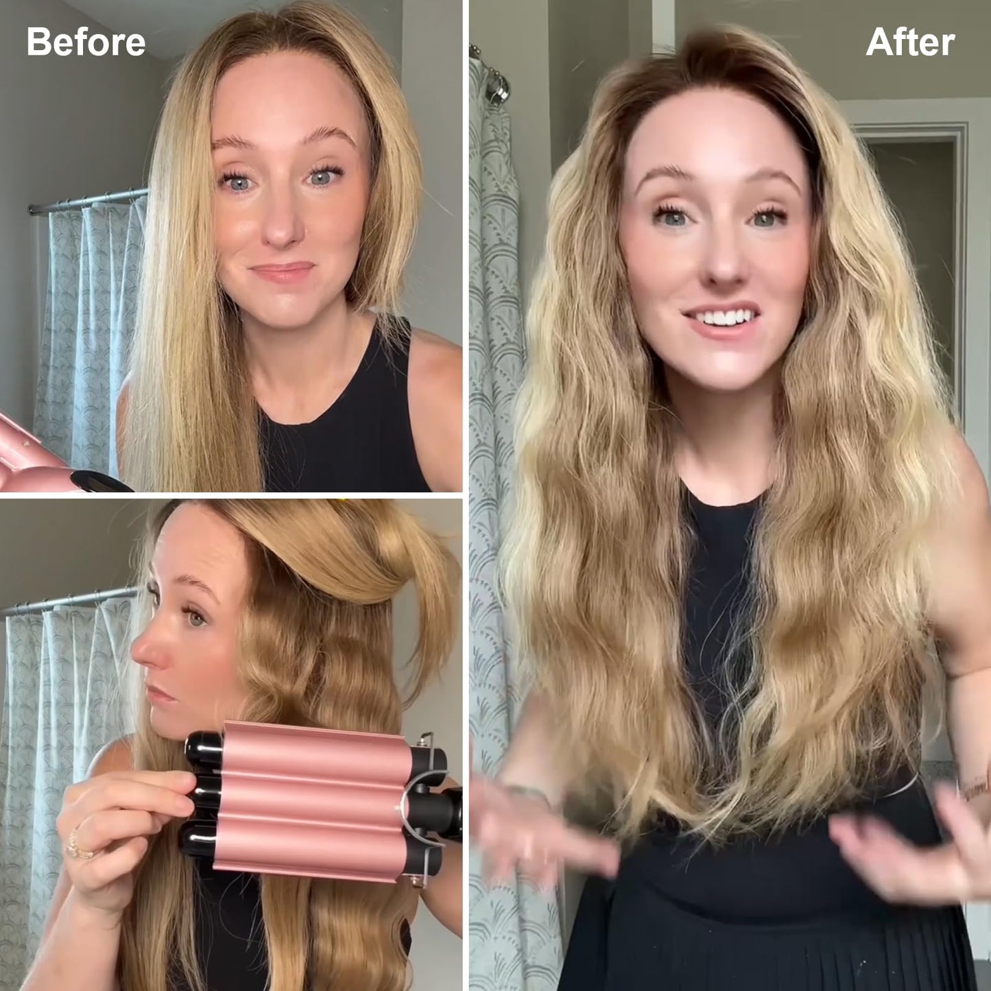 Hair Crimper 1 Inch, 2 Heat Settings 320°F/410°F, Ceramic Triple Hair Waver for Beach Waves, Dual Voltage 110-240V, Auto Shut-Off, Glove Included, Rose Gold