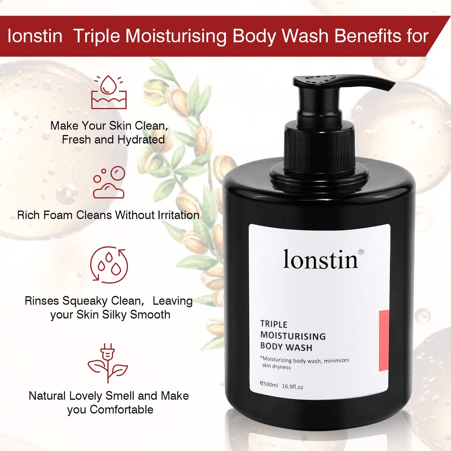 lonstin Body Wash with Pump Moisturizing Body Wash for Dry Skin Natural Nourishers for Instantly Soft Skin and Lasting Nourishment Deep Moisture Cleanser Effectively Washes away Bacteria, 16.9 Fl Oz