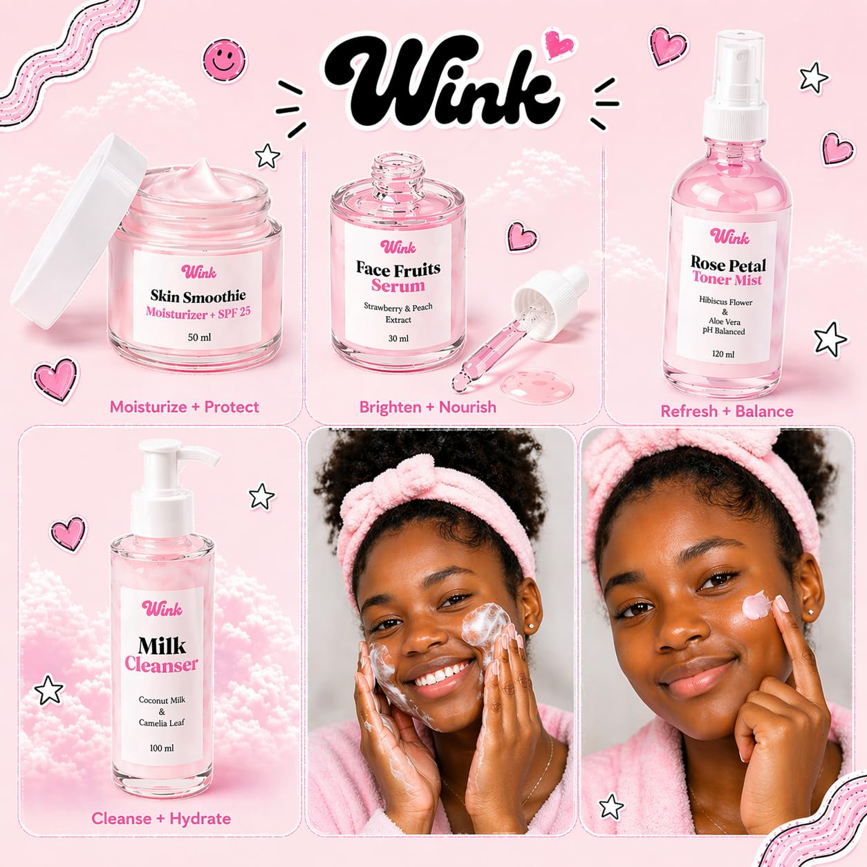 Wink Skin Care Kit for Teens - Plant-Based 4-Piece Facial Set with Cleanser, Toner, Serum & SPF Moisturizer | Ideal for Girls & Tweens