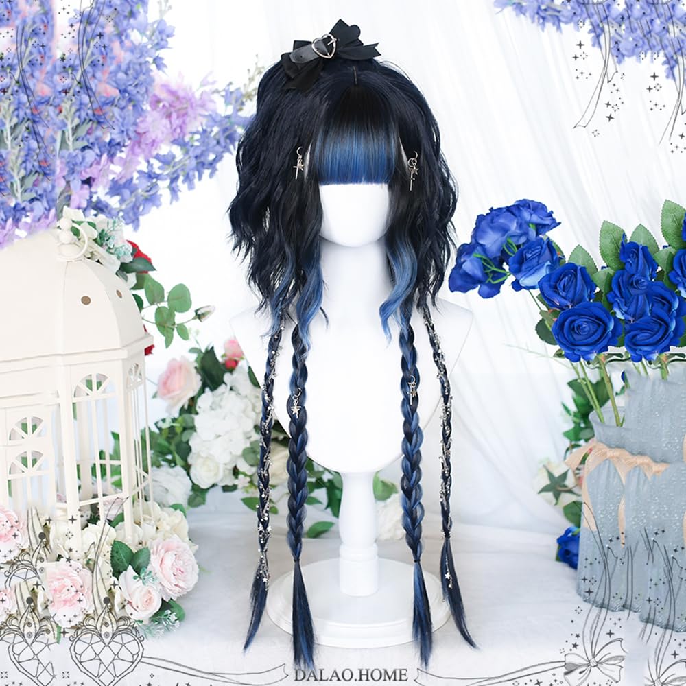 TEDPRBGE Women Curly Wig Jellyfish Head Wig Hime Cut Wigs Braids Sweet Lolita Princess Wigs for Daily Party (Black Blue)