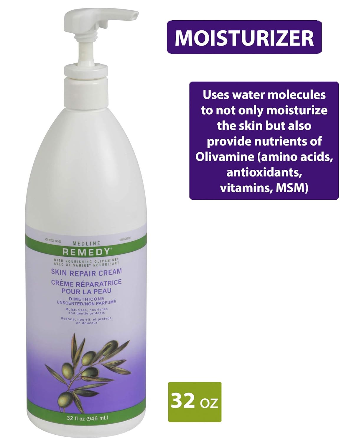 Medline Remedy Olivamine Skin Repair Cream - Unscented Body Lotion, 32 Fl Oz
