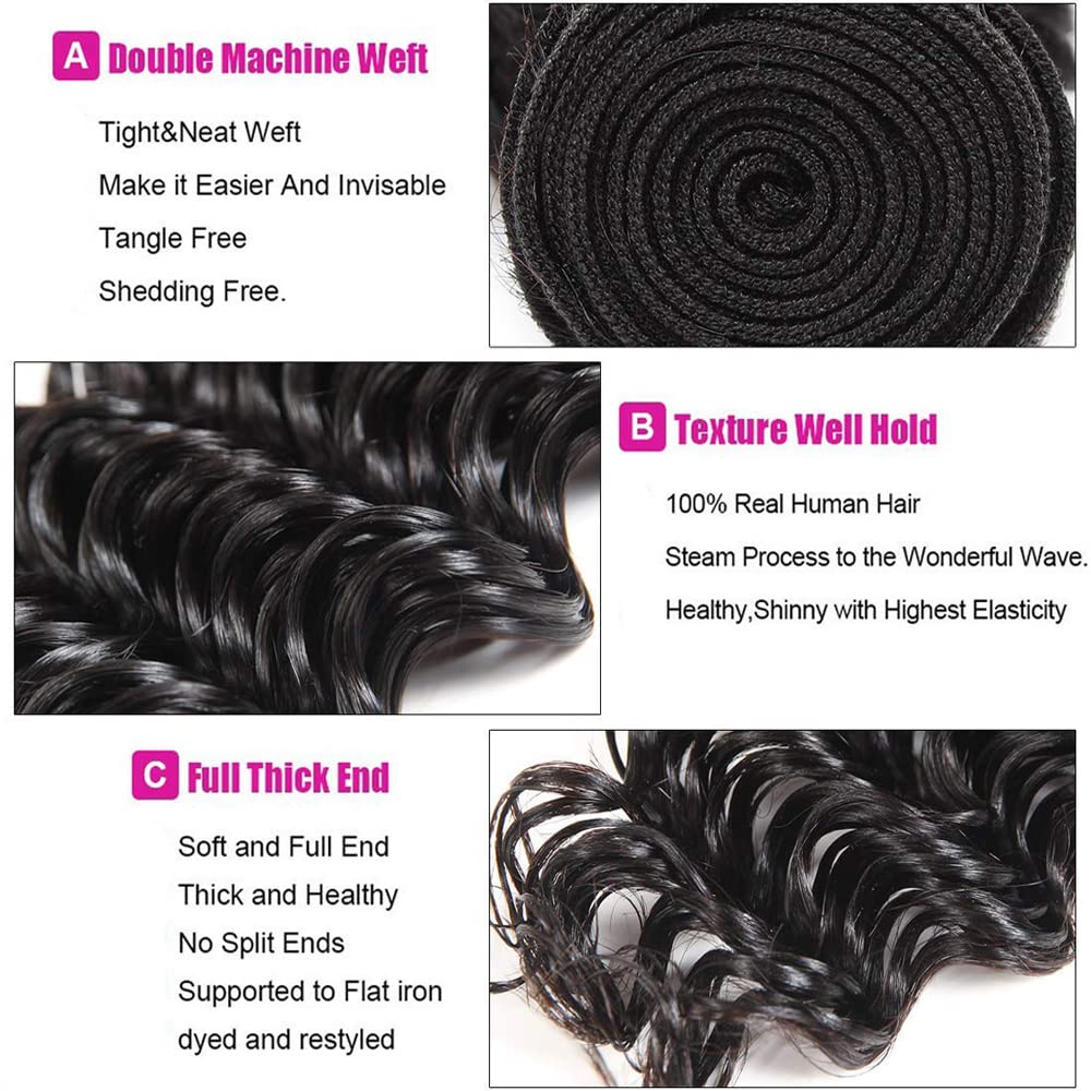 Deep Wave Human Hair Bundles - Wet & Wavy Extensions | 12-14-16 Inch, 300g