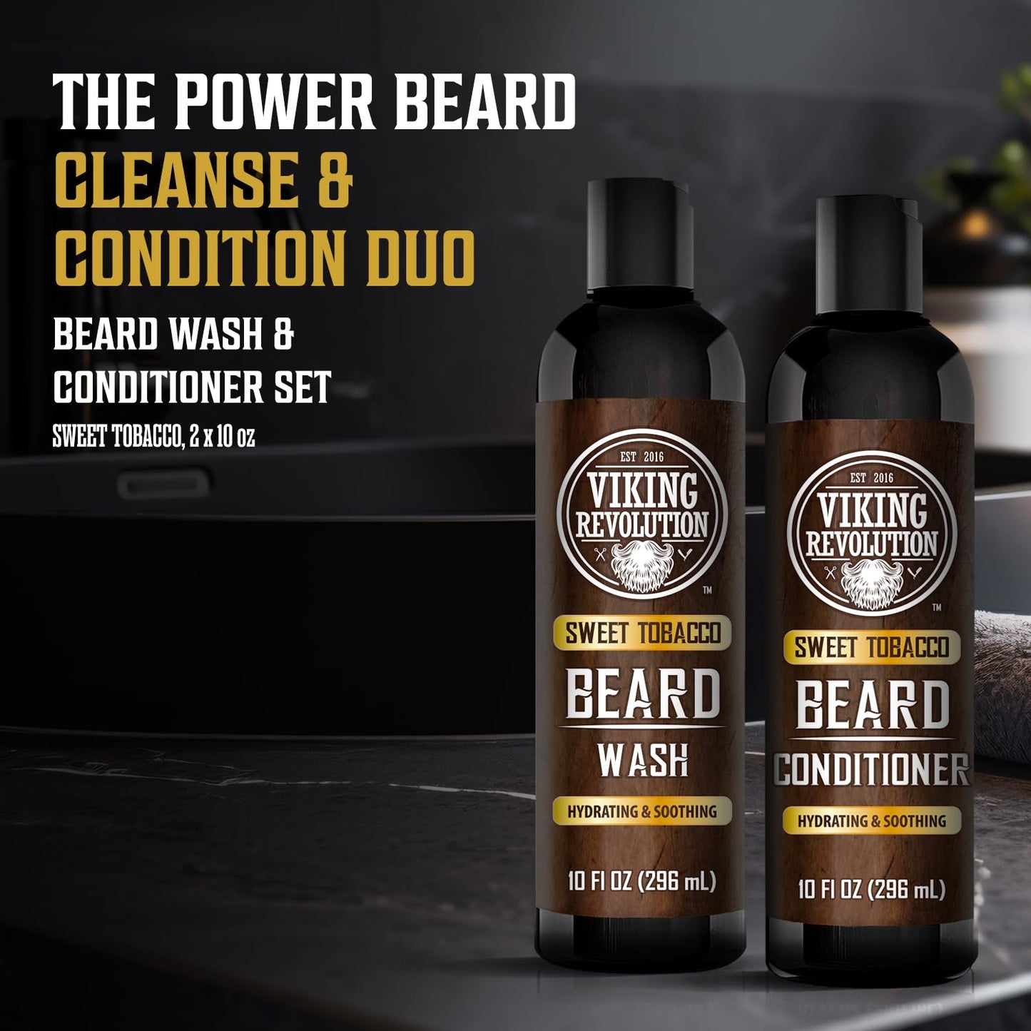 Viking Revolution Beard Wash & Conditioner for Men | Argan & Jojoba Oil Beard Softener (10oz, Sweet Tobacco)