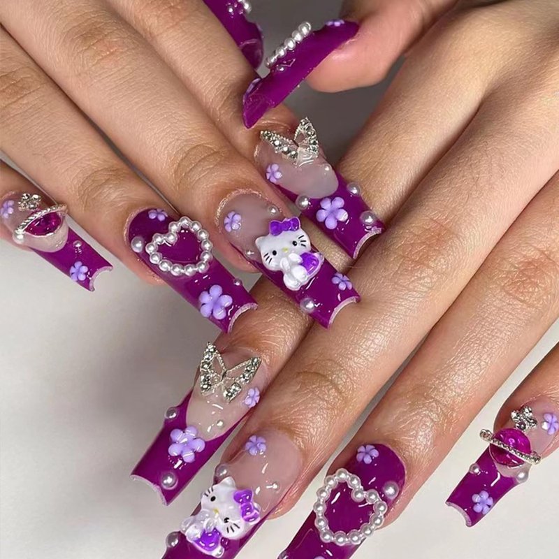 Cartoon Press Long Square Fake Nails - Purple French Tip, Heart & Butterfly Charm, Y2k Acrylic Nails, Full Cover False Nails for Women & Girls - 24 Pcs