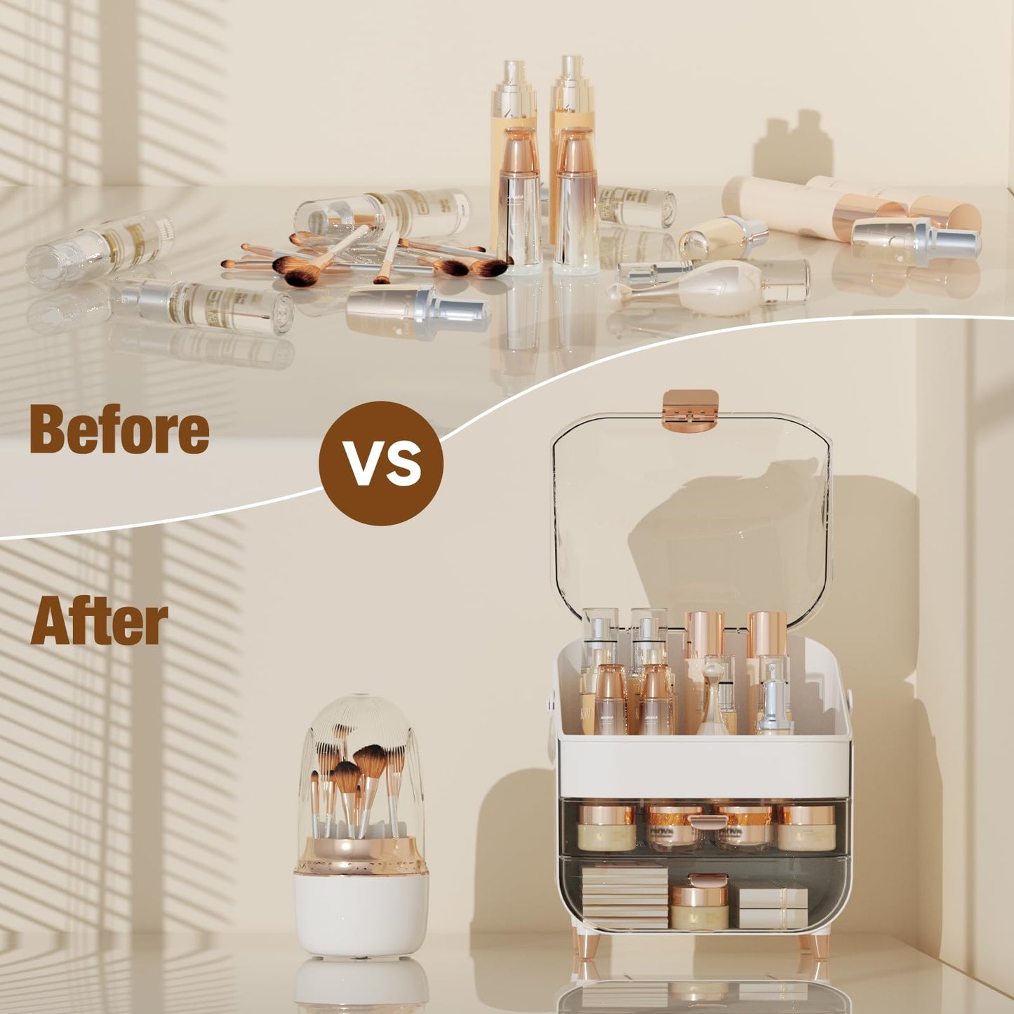 CLBDRESS Makeup Organizer Countertop & 360° Rotating Makeup Brush Holder, Skincare Holder with Lid and Drawers, Storage Box Cosmetic Display Cases, Teen Girl Gifts, Vanity, Bathroom Counter,Rose Gold