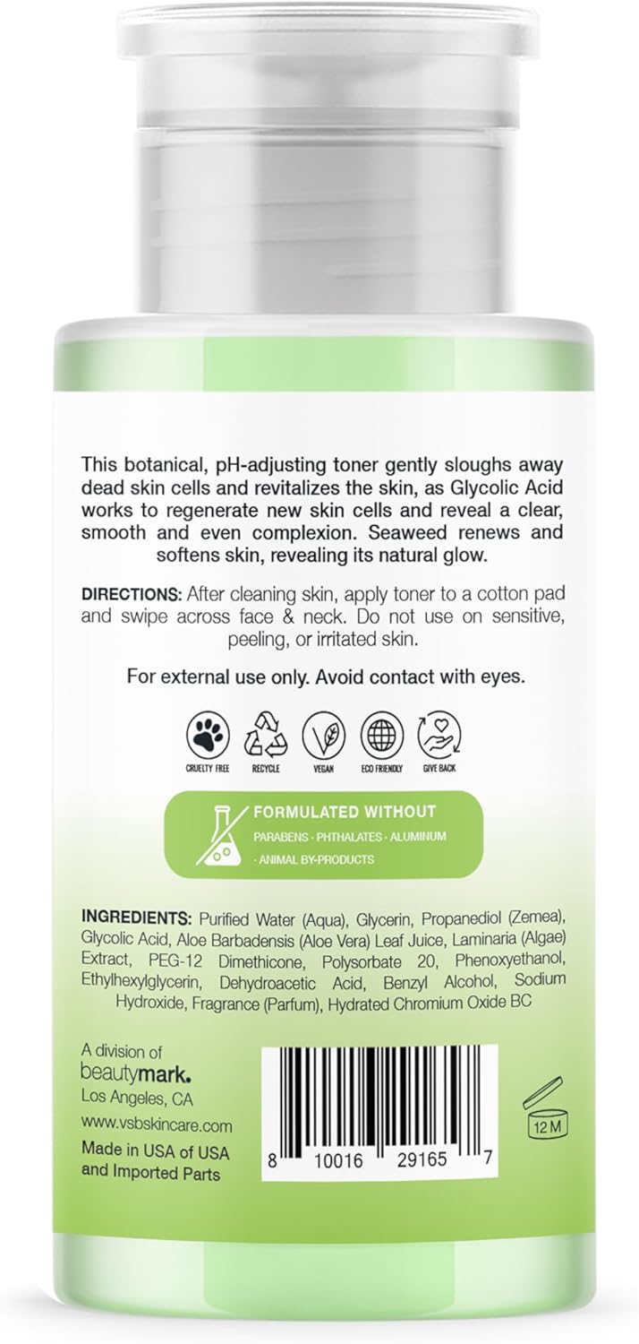 Exfoliating Face Toner with Seaweed & Glycolic Acid - Hydrating, Oil Balancing Formula for All Skin Types | 8 fl oz