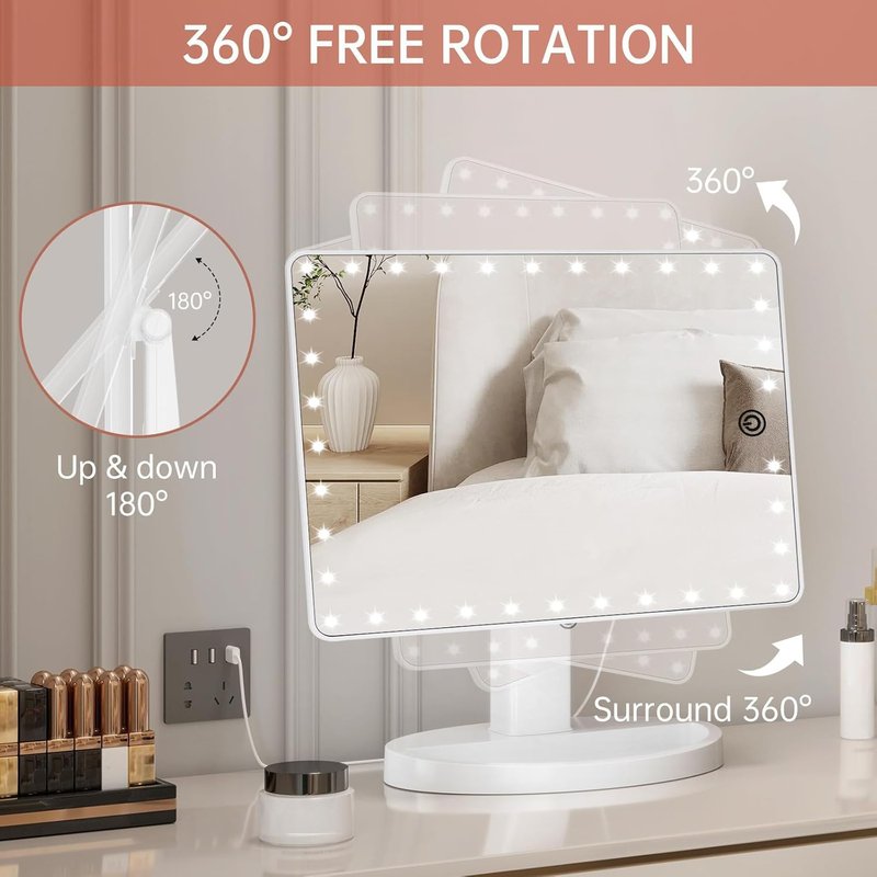 FUNTOUCH Large Lighted Makeup Mirror with Lights, Light Up Mirror with Small 10x Magnification for Desk, 360°Rotation Touch Screen,Brightness Adjustable Tabletop Cosmetic Vanity Make Up Mirror