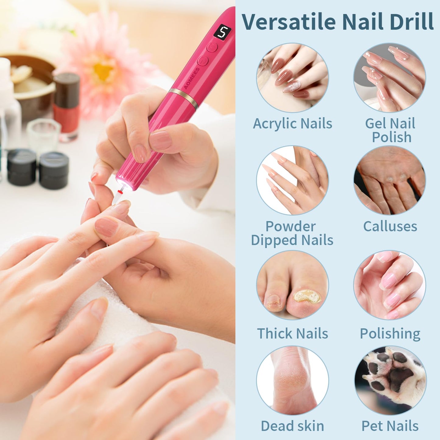AOMEES Portable Electric Nail File, Cordless Nail Drill with Light for Acrylic, Gel Nails, 12 in 1 Personal Polish Manicure Tools with Nail Drill Bits for Salon Home Use (Lavender)