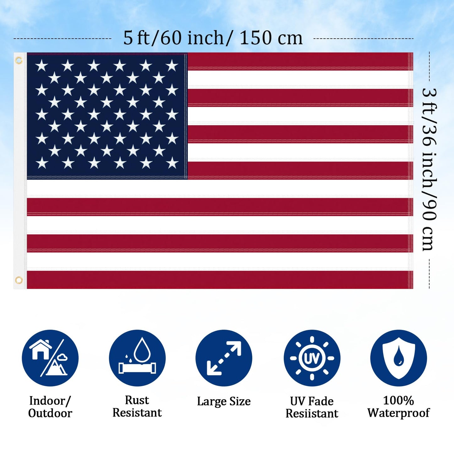 American Flags for Outside 3x5 Ft American Flag Outdoor Heavy Duty, USA Flag residential, US Flags High Wind Embroidered Stars, Sewn Stripes, Thick Spun Polyester UV Fade Resistant, Brass Grommets