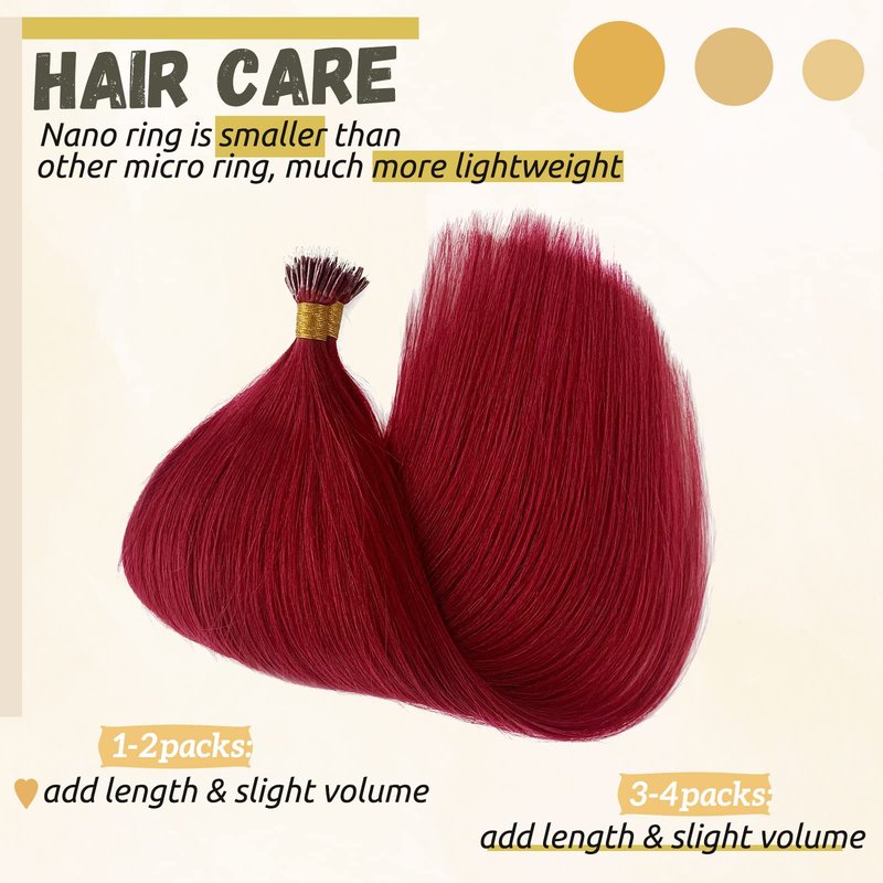 #99J Nano Tip Hair Extensions Human Hair for Women,Burgundy Nano Ring Hair Extensions 18 Inch Color #99J Wine Red Hair Extension 100% Natural Human Hair Extensions 50g/50s
