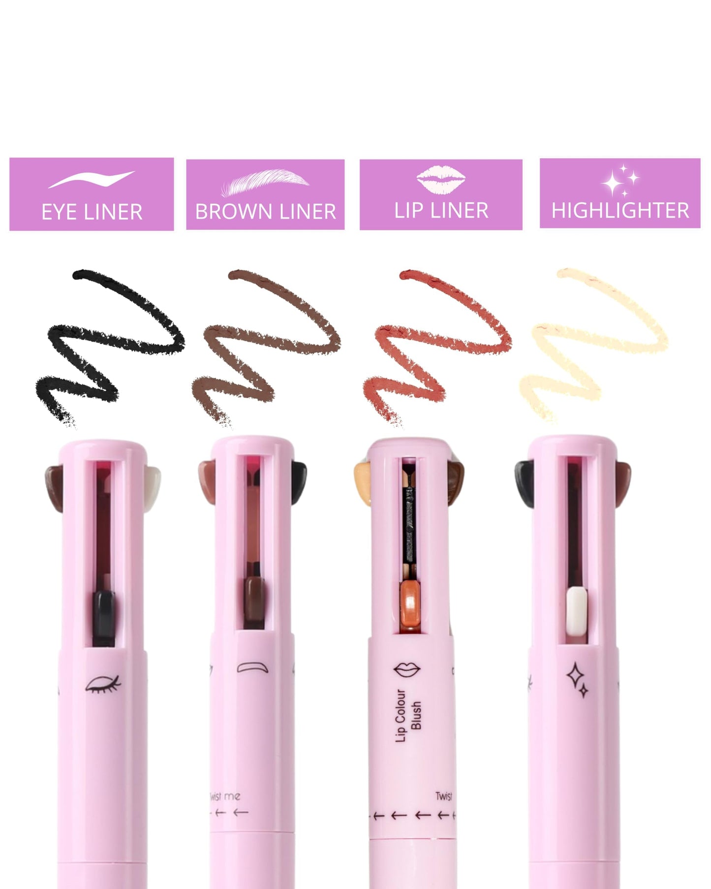 YazzBeauty - 4 in 1 Makeup Touch Up Pen with Brown Mauve Lip Liner, Black Eyeliner, Dark Brown Eyebrow Pencil, and Champagne Gold Highlighter, Compact Beauty Pen, Smudge Proof, Vegan, Cruelty-Free